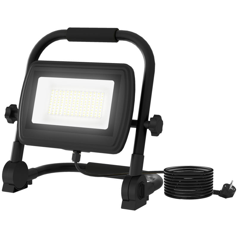 HOMCOM Baustellenstrahler 50W, 6500K 4250LM Arbeitsscheinwerfer mit drehbarem Kopf und verstellbarem Ständer, LED-Scheinwerfer aus Aluminium und Metall, Wasserdicht IP65, 1,5 Meter Draht, Schwarz Aosom – Bild 1 von 2