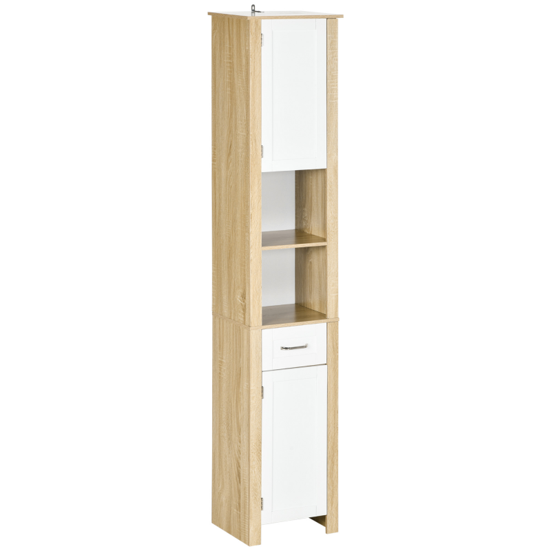Kleankin Badezimmerschrank Hoch in Spanplatte mit einer Schublade, 2 Schränken und 2 Verstellbaren Regalen, 37x30x184 cm, Weiß und Naturfarben Aosom – Bild 1 von 2