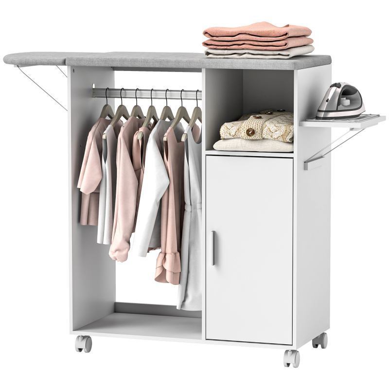 HOMCOM Mobile Bügelbrett aus Spanplatte und Schwamm mit Leinenstoff-Ablagefläche, 3 Würfelregalen und Aufhängung, 127x42,5x99 cm, Weiß Aosom – Bild 1 von 2