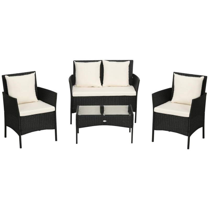 Outsunny Gartenmöbel-Set 4-teilig aus Rattan mit 2 Stühlen, 2-Sitzer-Gartensessel und Niedrigem Kaffeetisch, Schwarz und Creme Aosom – Bild 1 von 2