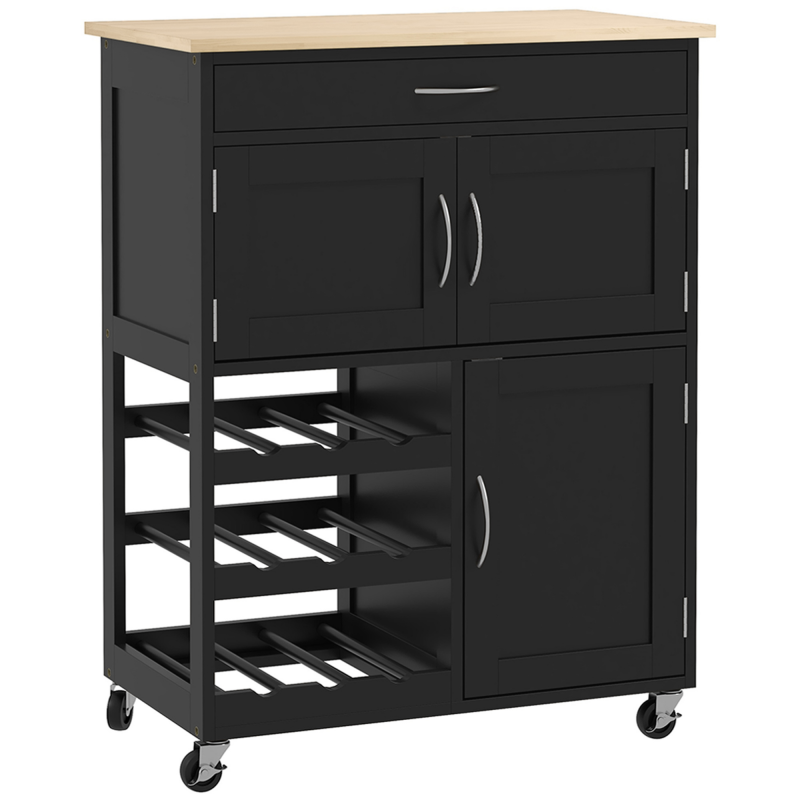 HOMCOM Servierwagen mit Flaschenregal, 3 Türen, 4 Rollen und Schublade, Platzsparender Küchenwagen für Mikrowelle und Gewürze aus Holz, 67x37x87 cm, Schwarz und Eiche Aosom – Bild 1 von 2