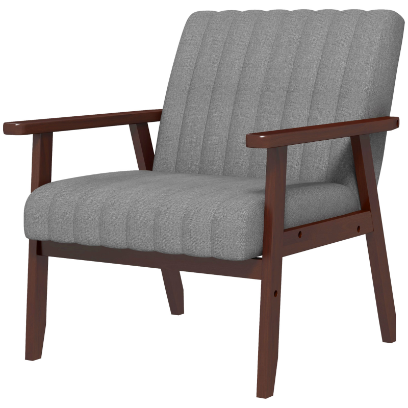 HOMCOM Sessel für das Schlafzimmer aus Stoff, Gepolsterter Sessel mit Holzarmlehnen und tubularen Nähten, Grau Aosom – Bild 1 von 2