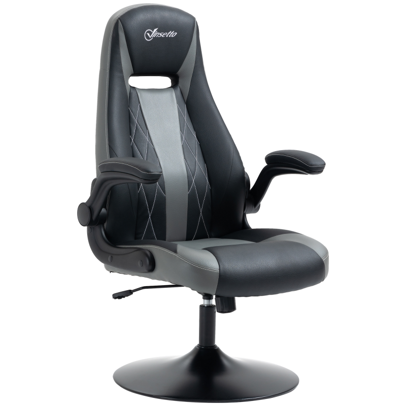 Vinsetto Ergonomischer Gaming-Stuhl mit 360° drehbarer runder Metallbasis Höhenverstellbarer Nackenkissen Klappbare Armlehnen PVC Grau Schwarz Aosom – Bild 1 von 2