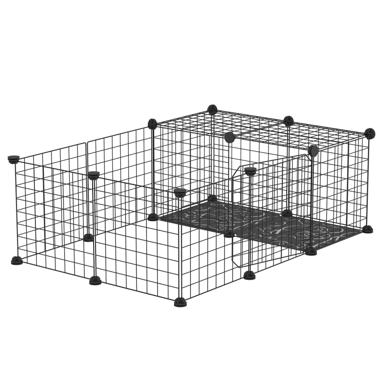 PawHut Kleintiergehege für Kaninchen, Meerschweinchen und Nager, modulares Haustierzaun, Schwarz Aosom – Bild 1 von 2