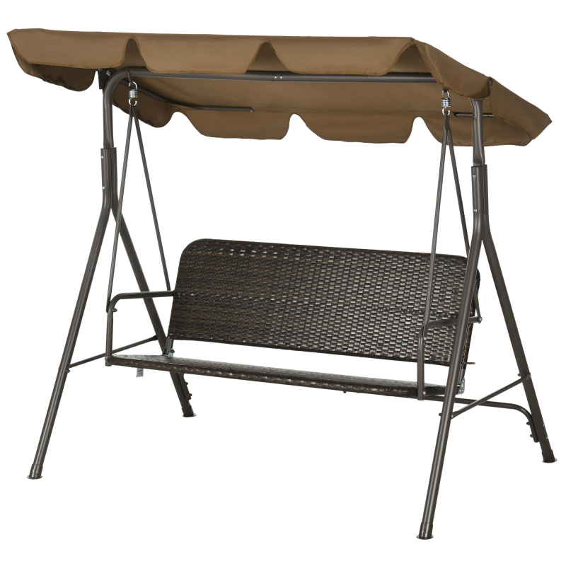 Outsunny Garten-Pendel für 3 Personen, Outdoor-Pendel mit verstellbarem Dach, PE-Rattan-Sitz und Armlehnen für Balkon, Terrasse, Patio, Tragkraft 240 kg, 167x112x153 cm, Braun Aosom – Bild 1 von 2