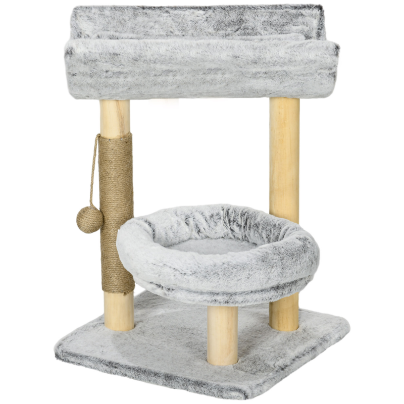 PawHut Katzenbaum mit Kratzbaum, Kletterbaum für Katzen, 1 obere Nische mit waschbarem Kissen, 1 runde Nische und 1 hängende Jutespielball, Spielzeugturm für Katzen, Höhe 66,5 cm, Plüsch, Grau Aosom – Bild 1 von 2