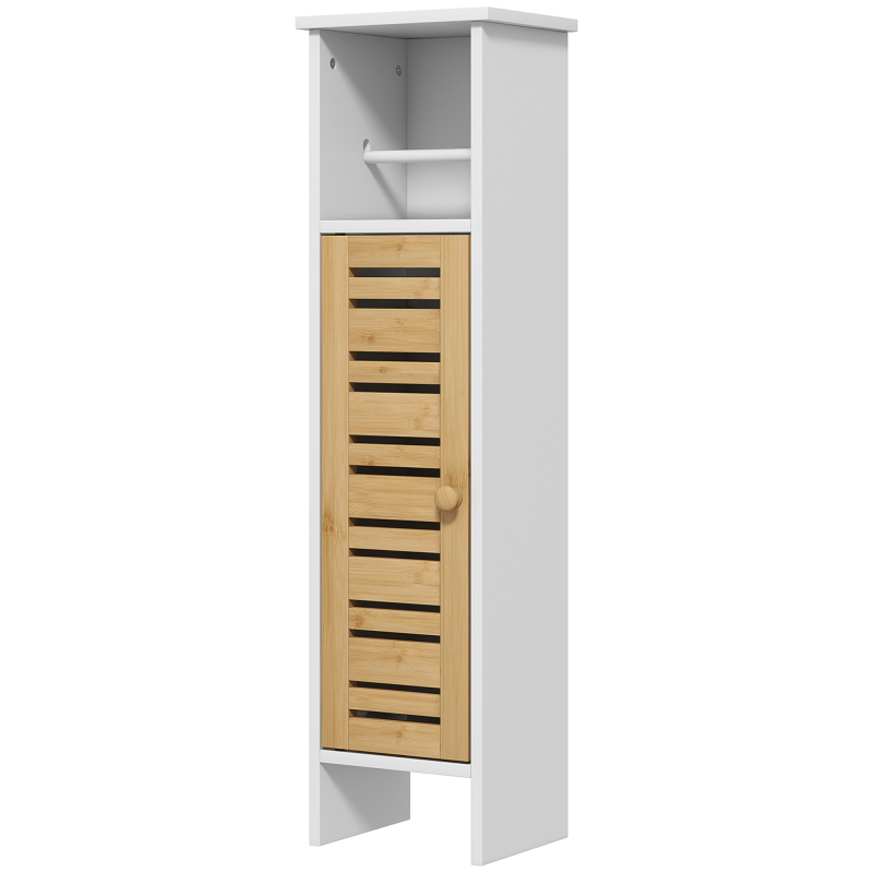 HOMCOM Badezimmerschrank mit Toilettenpapierhalter und herausnehmbarer Stange 3 Ebenen + Toilettenpapierablage, 21B x 17T x 78H cm, Bambus und Weiß Aosom – Bild 1 von 2
