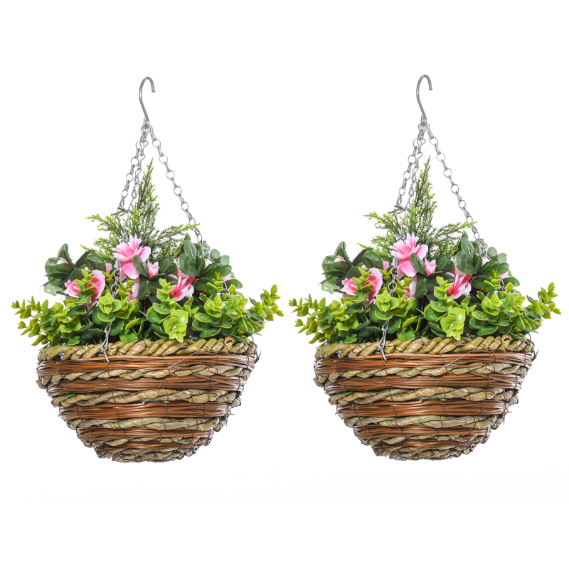 Outsunny Set 2 Künstliche Lisianthus-Pflanzen mit Korb und Haken, Kunststoffpflanzen aus PE und Weide, Ø25x34 cm, Grün und Rosa Aosom – Bild 1 von 2
