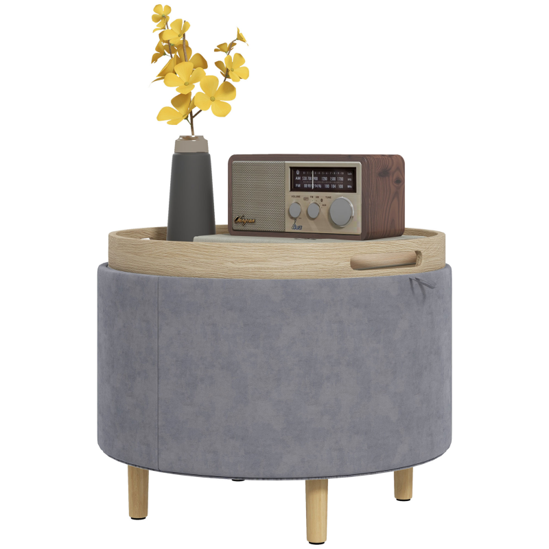 HOMCOM Aufbewahrungshocker aus Samt mit 120 kg max mit Umklappbarem Tablett, Couchtisch aus MDF und Eiche mit Verstecktem Stauraum, 56x56x42 cm, Grau Aosom – Bild 1 von 2