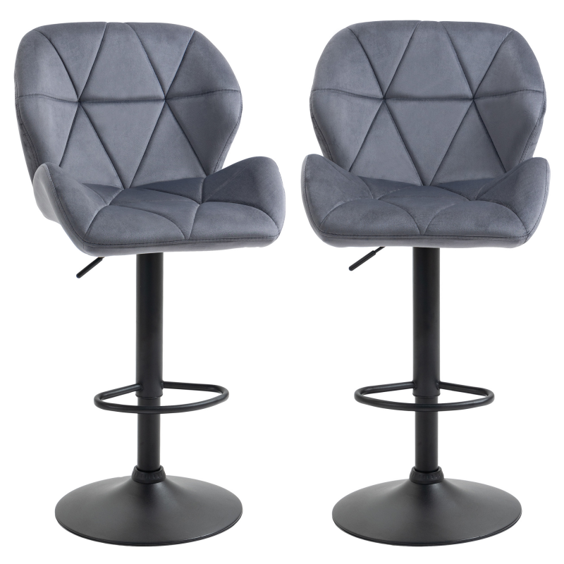 HOMCOM Set 2 Barhocker mit höhenverstellbarer Metallbasis, Samt Sitz, Drehbare Barhocker mit Rückenlehne und Fußstütze, 51,5x57,5x93-114,5cm, Grau Aosom – Bild 1 von 2