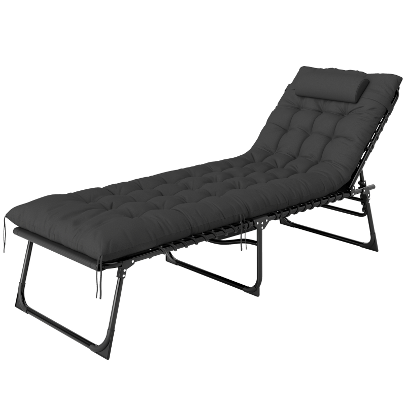 Outsunny Strandliegestuhl, klappbarer Sonnenliege mit Kissen, Kopfstütze, Seitentasche, Textilene, verstellbarer Gartenliege für Strand Camping Pool Terrasse 58 x 189 x 32,5 cm schwarz Aosom – Bild 1 von 2