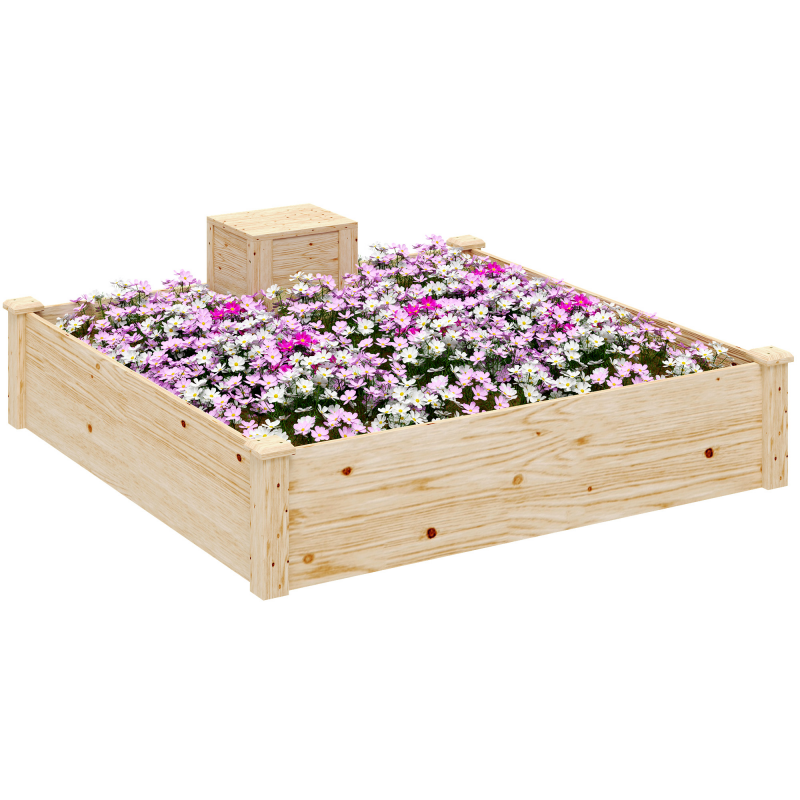 Outsunny Hochbeet aus Holz, quadratisches Außenbeet mit Kompostschale, offenes Bodendesign, Blumenbeet für Gemüse und Blumen im Garten, Terrasse oder auf dem Patio, 123 x 123 x 25,5 cm, Naturholz Aosom – Bild 1 von 2