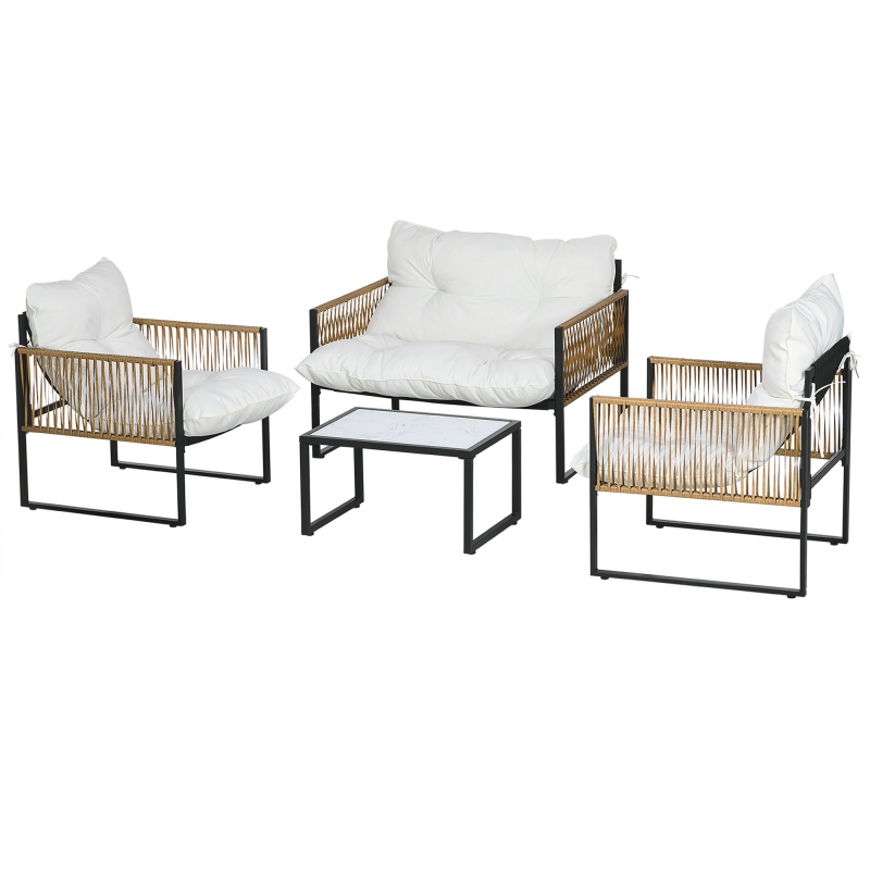 Outsunny Gartenmöbel-Set 4-teilig Gartenmöbel Sofa 2-Sitzer 2 Sessel und 1 Couchtisch mit gehärteter Glasplatte 3 Kissen Stahl und PE-Rattan - Creme Aosom – Bild 1 von 2