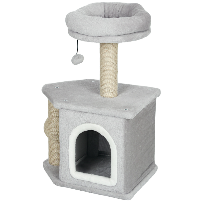 PawHut Katzenbaum, Spielzeugturm für Katzen, 66 cm hoch, mit Kratzsäulen aus Jute, Katzenbett-Haus, Plattform, Spielball, Hellgrau Aosom – Bild 1 von 2