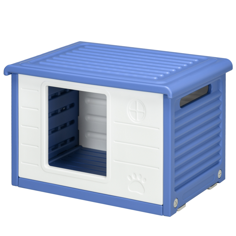 PawHut Hundehütte draußen Hundehütte für Welpen aus Kunststoff Hundehaus mit Belüftungsöffnungen wasserdicht dim. 60L x 42B x 40H cm blau und weiß Aosom – Bild 1 von 2
