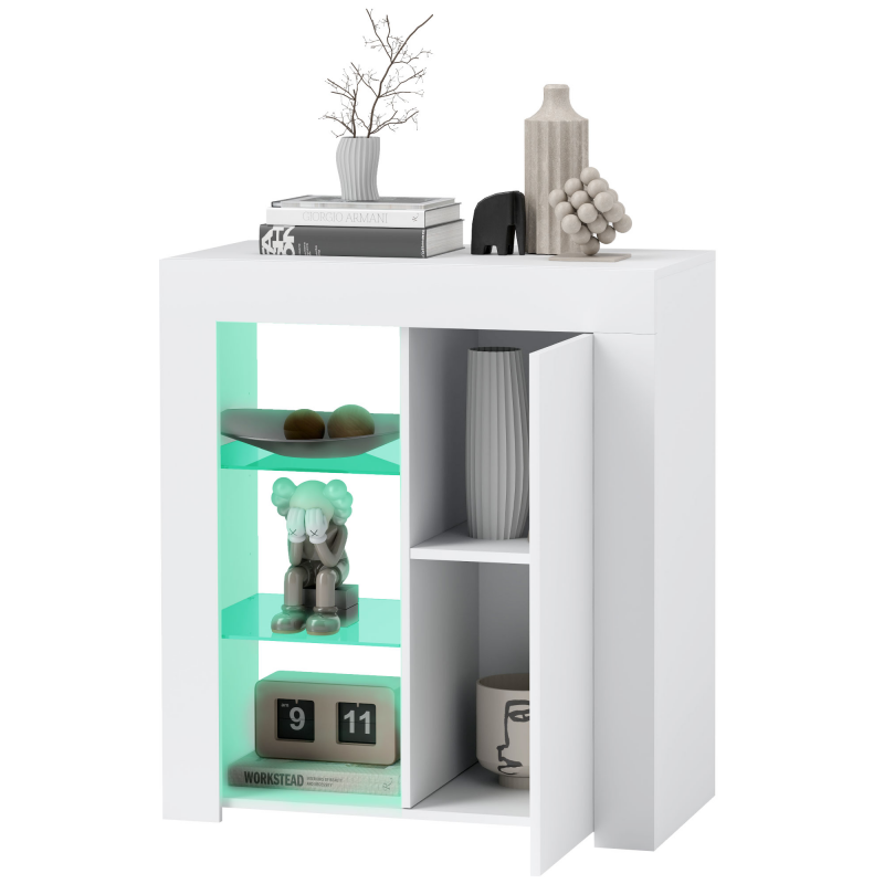 HOMCOM Wohnzimmermöbel mit LED-Lichtern, 3 verstellbaren Glasregalen und 2-stufigem Schrank, Moderne Sideboard-Kommode aus Spanplatte für den Eingang, 75x40,1x83 cm, Weiß Aosom – Bild 1 von 2