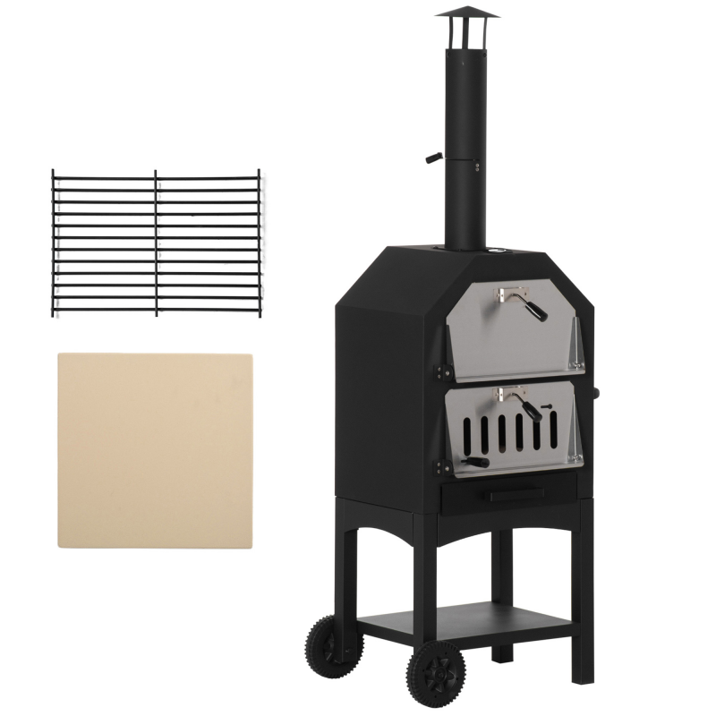 Outsunny Holzbackofen im Freien mit 2 Ebenen Holzbackofen mit Rädern Herausnehmbarem Schublade Ablagefläche für Terrasse Camping Patio 64x54x160 cm Schwarz Aosom – Bild 1 von 2