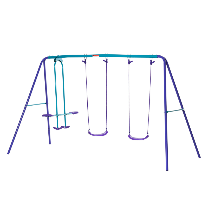 Outsunny Schaukelgestell für den Außenbereich 3-in-1 mit 1 Doppelschaukel und 2 Schaukelsitzen, Outdoor-Schaukel für Kinder aus Metall, höhenverstellbar, Tragkraft 180 kg, für Kinder ab 3 Jahren, violett Aosom – Bild 1 von 2