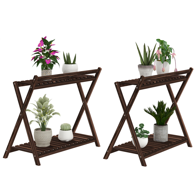 Outsunny Set aus 2 Innenpflanzenständern 2 Ebenen, Holzregale mit Rückenstütze, Innen- und Außenblumentopfständer, für Garten, Balkon, Wohnzimmer, Braun Aosom – Bild 1 von 2