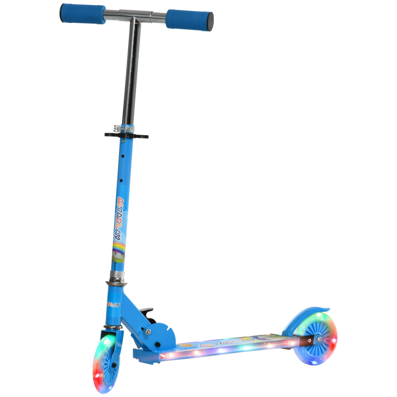 HOMCOM Roller für Kinder von 3 bis 7 Jahren klappbar mit leuchtenden PU-Rädern, 12 LED, Musik, höhenverstellbarer Lenker in 4 Stufen, Reibungsbremse, Blau Aosom – Bild 1 von 2