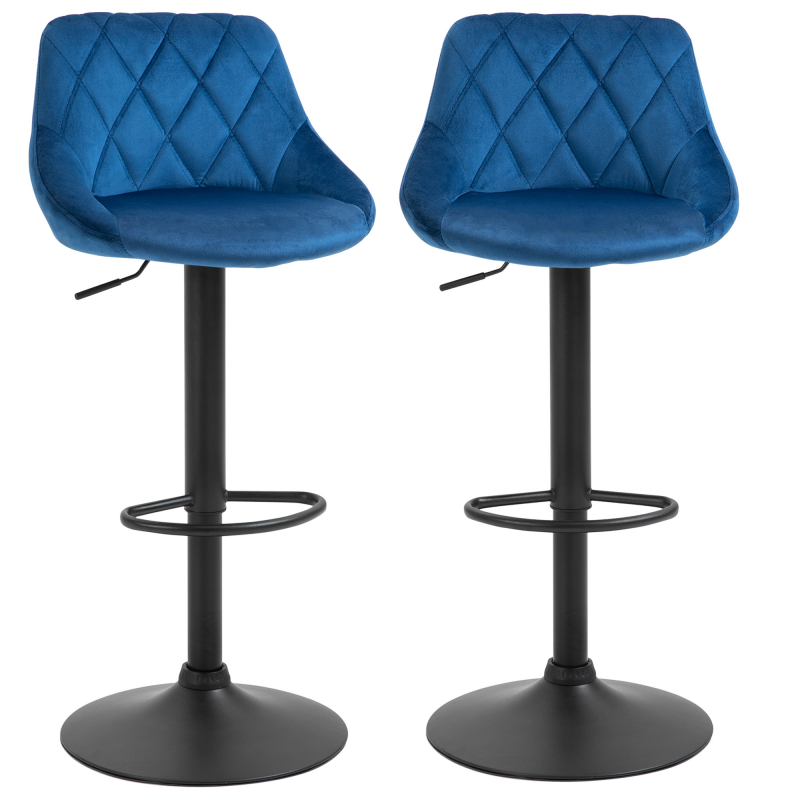 HOMCOM Set 2 Barhocker, Höhenverstellbar mit Metallsockel und Samtsitz, Moderne Barhocker mit Rückenlehne und Fußstütze, 46x48x83-104cm, Blau Aosom – Bild 1 von 2