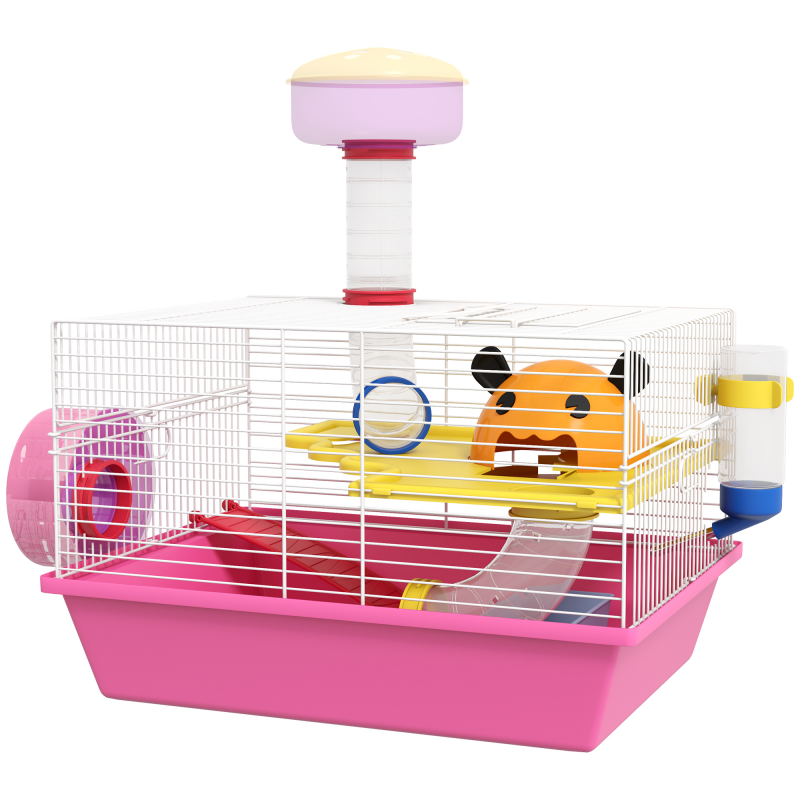 PawHut Käfig für Hamster Ratte Nagetier mit Plattform, Trinkflasche, Rad, Haus, 34 x 27 x 25 cm, rosa Aosom – Bild 1 von 2