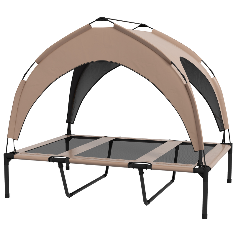 PawHut Erhöhtes Hundebett, Hundeliege, Taffeta-Baldachin, Hundebett, mikroperforiertes Textilene-Gewebe + Transporttasche inklusive, einfach zu montieren, 106 x 76 x 94 cm, Kaffee Aosom – Bild 1 von 2