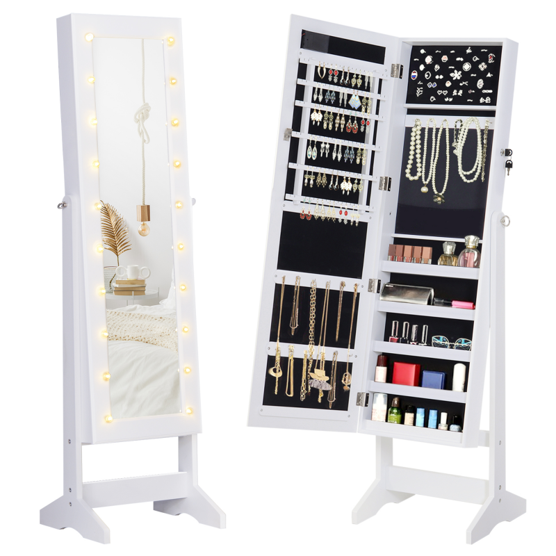 HOMCOM Schmuckschrank Schmuckkoffer Verstellbarer Spiegel 20 LED-Lichter, Holz, Weiß, 40x37x146 cm Aosom – Bild 1 von 2
