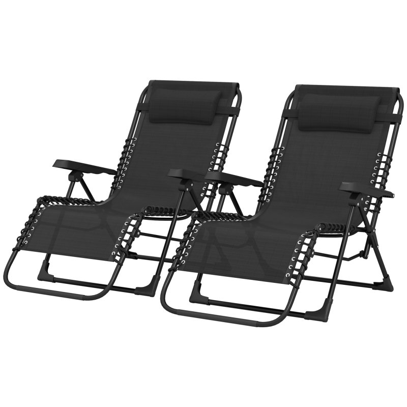 Outsunny Set mit 2 Sonnenliegen, klappbarer Liegestuhl mit Kopfkissen aus Textilene, verstellbare Outdoor-Sonnenliege für Strand Camping Pool Terrasse, 90 x 65 x 112 cm, Schwarz Aosom – Bild 1 von 2