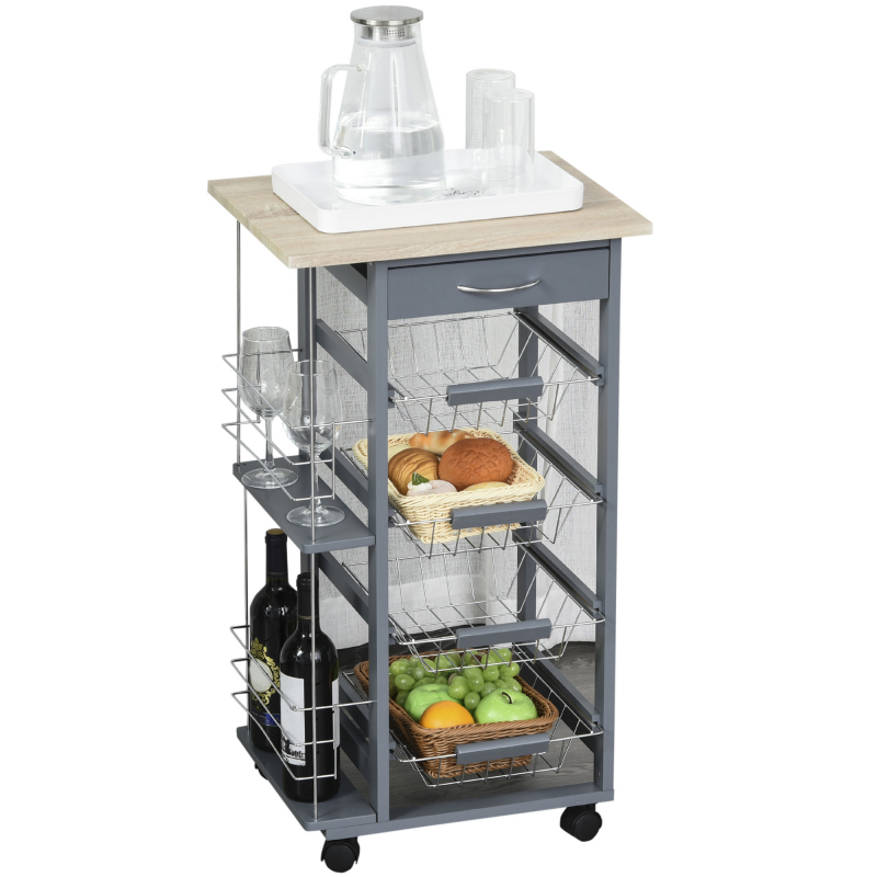 HOMCOM Küchenwagen, platzsparend, dunkelgrau, Servierwagen, 1 Arbeitsplatte, 1 Schublade, 4 Metallkörbe, 47x37x83cm, Grau Aosom – Bild 1 von 2
