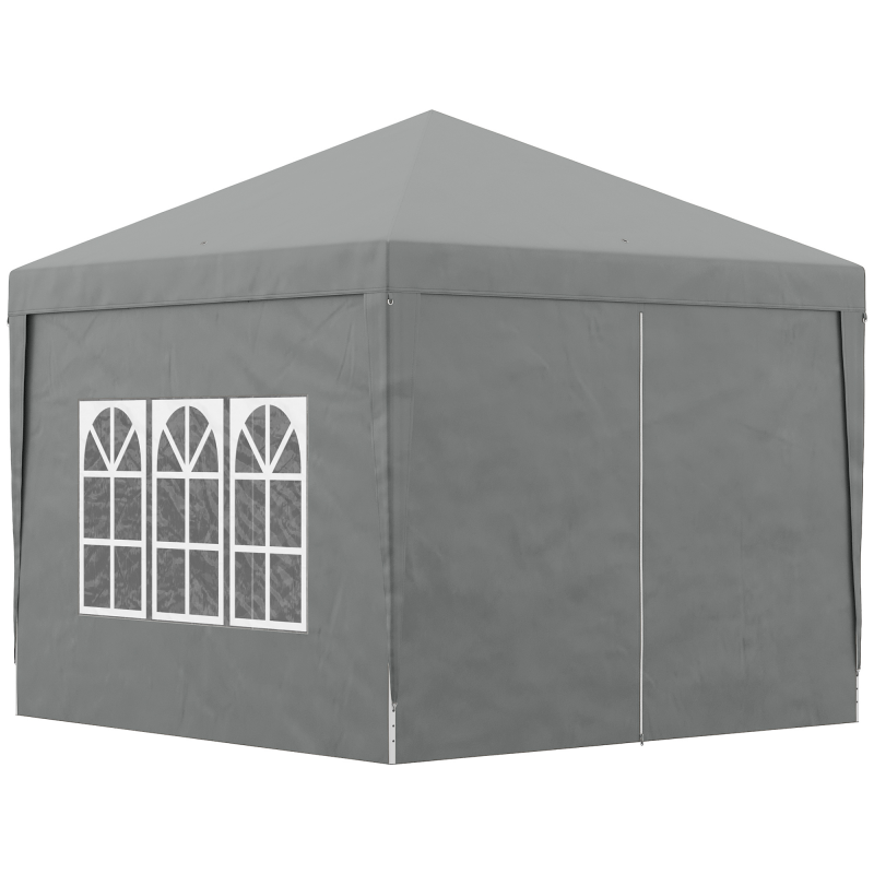 Outsunny Faltbarer 3x3 Pop-Up Gartenpavillon mit 2 Türen und 2 Fenstern, 4 Seitenteilen und Tragetasche, Outdoor-Pavillon aus Stahl und Oxford-Gewebe, für Garten, Partys, Camping, Hellgrau Aosom – Bild 1 von 2