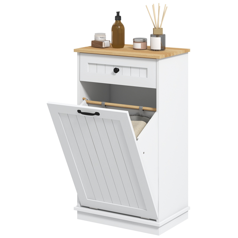 HOMCOM Badezimmerschrank mit Wäschesack und Schublade, Schrank mit Wäschekorb aus Holz und Innenkorb aus Stoff, Weiß Aosom – Bild 1 von 2