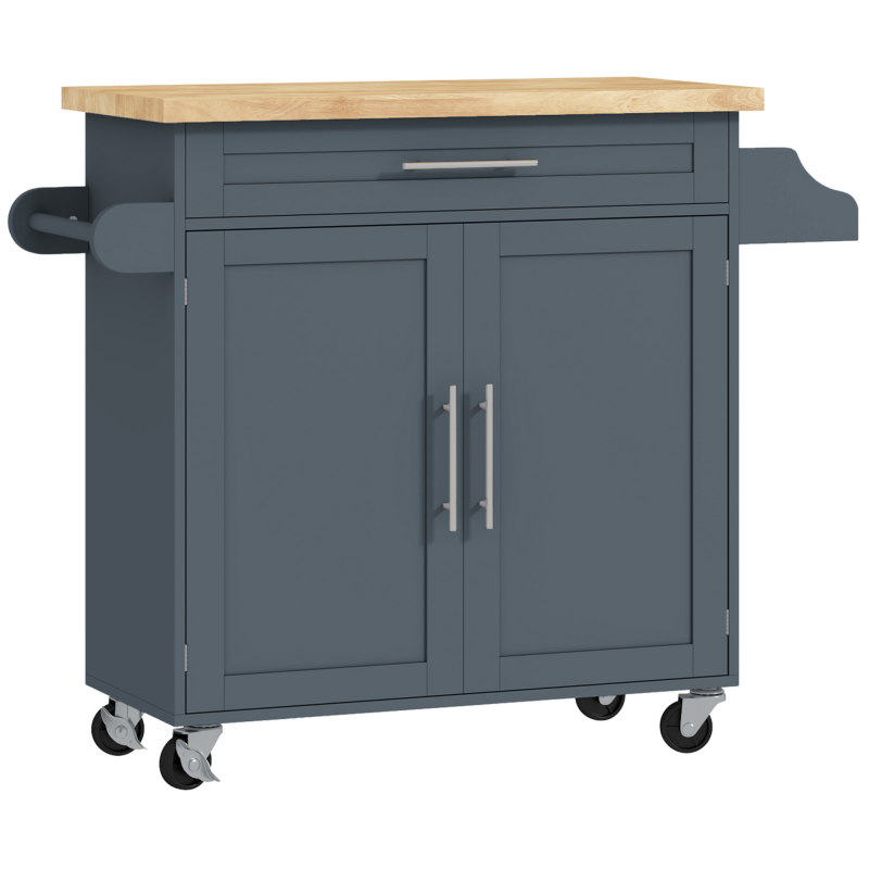 HOMCOM Küchenwagen Mehrzweckwagen mit Schublade, Rollen, Gewürzhalter und Schrank, Küchenmöbel mit verstellbarem Regalboden, Handtuchhalter und Holzauflage aus Kautschukholz, 109x40x89 cm, Grau Aosom – Bild 1 von 2
