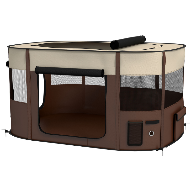 PawHut Hundepark aus Oxford-Gewebe, Welpenpark, Outdoor-Gehege für Tiere, mit integrierten Aufbewahrungstaschen, faltbarer Gehege für Hunde Welpen, 114 x 89 x 59 cm, cremefarben und braun Aosom – Bild 1 von 2