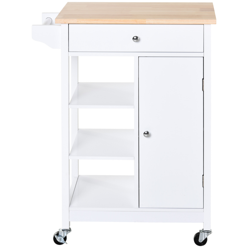 HOMCOM Küchenwagen Platzsparend aus MDF mit Gummibaumholz Arbeitsplatte, Schublade, Schrank, 3 Regale, Verstellbare Regalböden, Handtuchhalter und Drehbare Rollen, 66x39,5x86,5cm, Weiß Aosom – Bild 1 von 2
