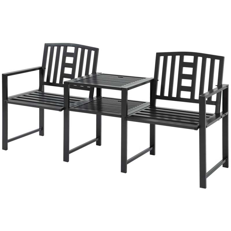 Outsunny Moderne Gartenbank für 2 Personen mit Tisch und Sonnenschirmloch für die Außenausstattung 165x56x85,5 cm Schwarz Aosom – Bild 1 von 2