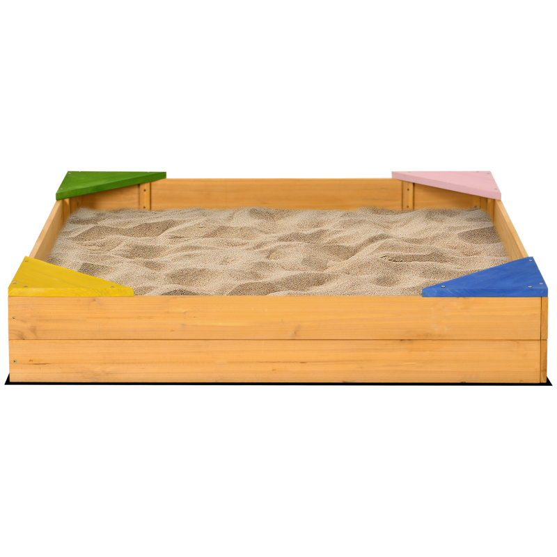 Outsunny Quadratischer Sandkasten aus Holz für Kinder mit 4 Sitzgelegenheiten in der Ecke und Schutzfilm 109 x 109 x 19,8 cm Naturholz Aosom – Bild 1 von 2