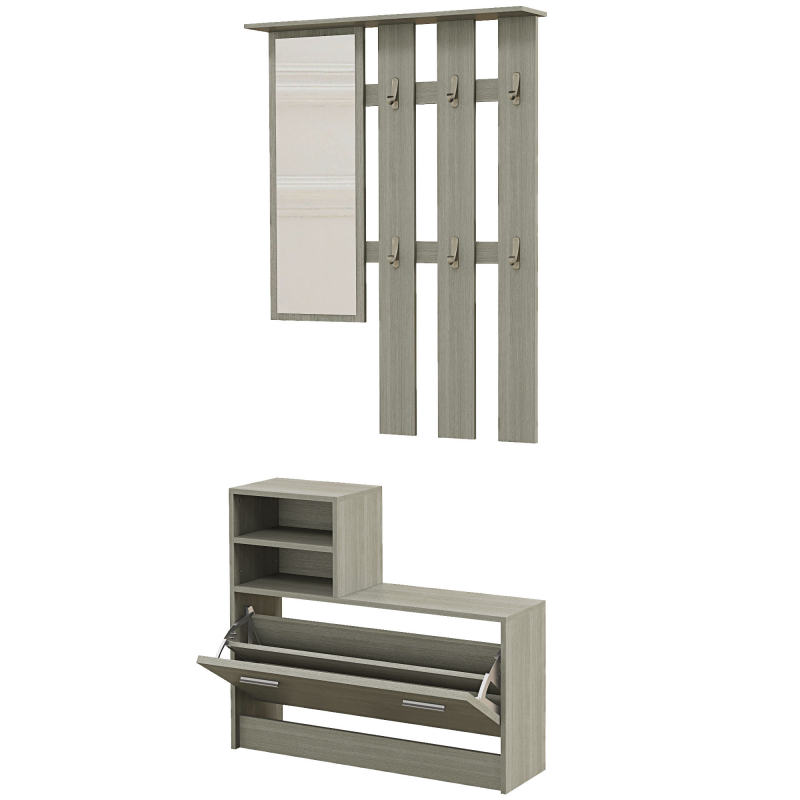 HOMCOM Set 4 in 1 Möbelset für den Eingangsbereich mit Garderobe, Spiegel, Bank mit Regal und Schuhablage für 8 Paar Schuhe, Grau Aosom – Bild 1 von 2