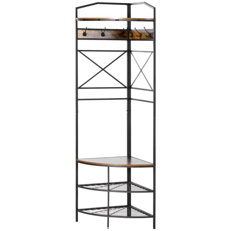 HOMCOM Bodenständer für Kleidung mit Haken, Eingangsmöbel Eck-Kleiderständer mit Bank und Schuhregal, Regal im industriellen Stil, 50x50x183cm, Braun Aosom – Bild 1 von 2