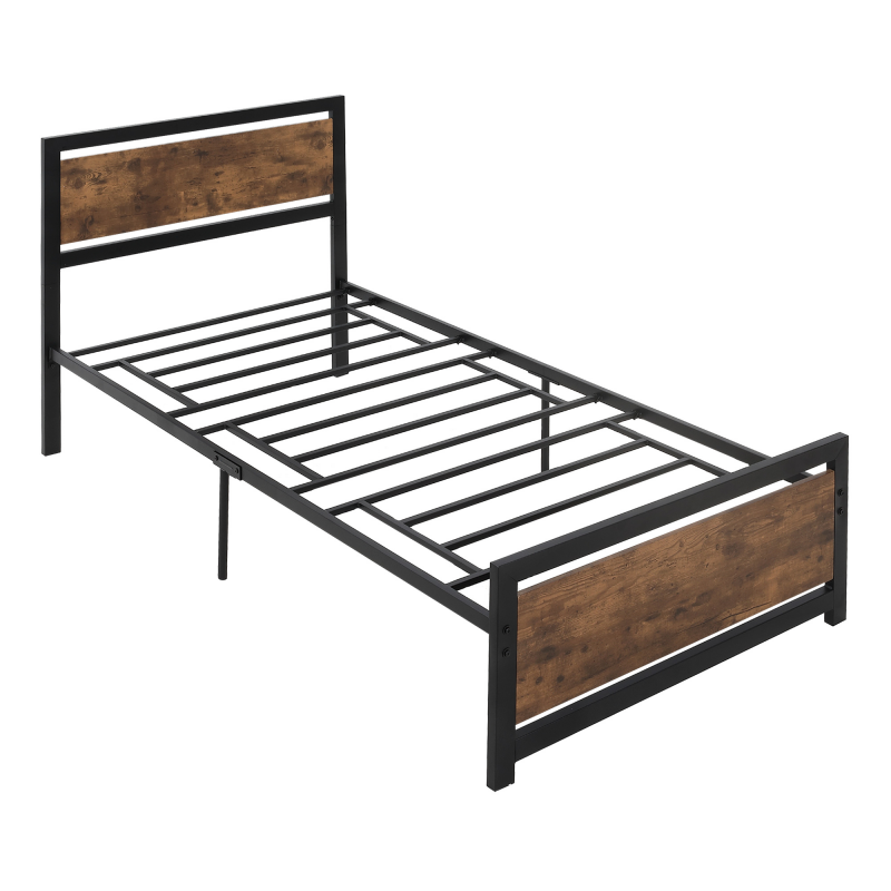 HOMCOM Einzelbettgestell aus Holz und Stahl 97x208x103cm, Integrierte Lattenroste, Kopf- und Fußteil im Industriestil, Schwarz und Rustikales Braun Aosom – Bild 1 von 2