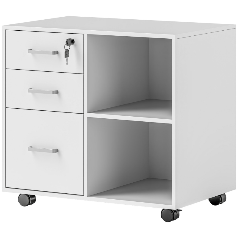 HOMCOM Bürocontainer mit 3 Schubladen, Büromöbel aus Holz mit Rädern, 2 Fächer und Schublade mit Schloss und Schlüssel, für Büro und Studium, 60x40x56 cm, Weiß Aosom – Bild 1 von 2