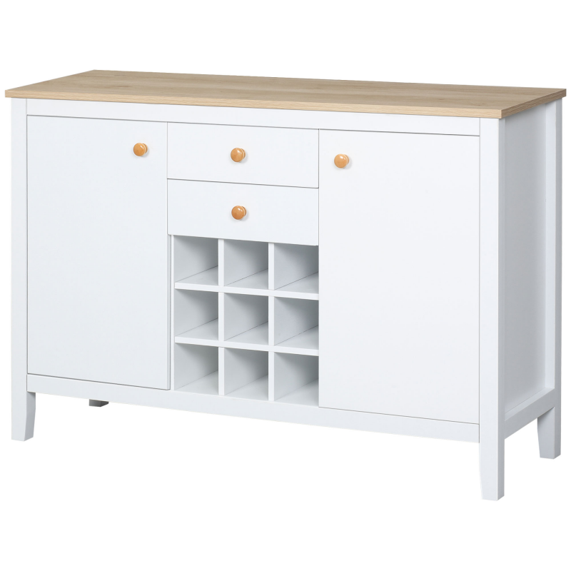 HOMCOM Buffet Aufbewahrungsschrank mit 2 Schubladen, 2 Türen, verstellbaren Regalen und Weinflaschenhalter für 9 Flaschen, 110 x 35 x 75 cm, Weiß und Naturholz Aosom – Bild 1 von 2