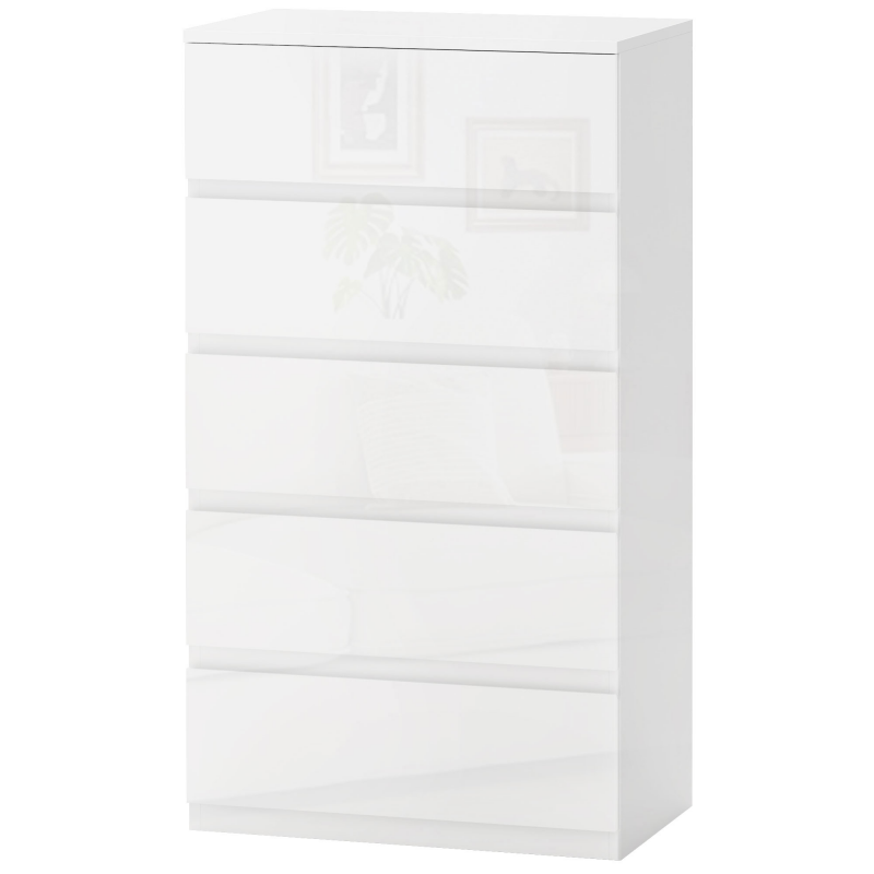 HOMCOM Moderne Kommode mit 5 Schubladen und Kippschutz, Spanplatte Kommode, 55x33x100 cm, Glänzendes Weiß Aosom – Bild 1 von 2