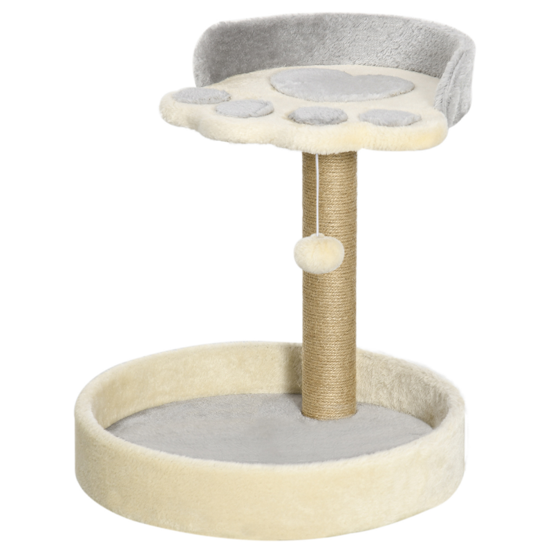 PawHut Design-Kratzbaum-Kratzbaum in Pfotenform mit 2 Plattformen und einem hängenden Plüsch-Pompon überzogen - Hellgrau Aosom – Bild 1 von 2
