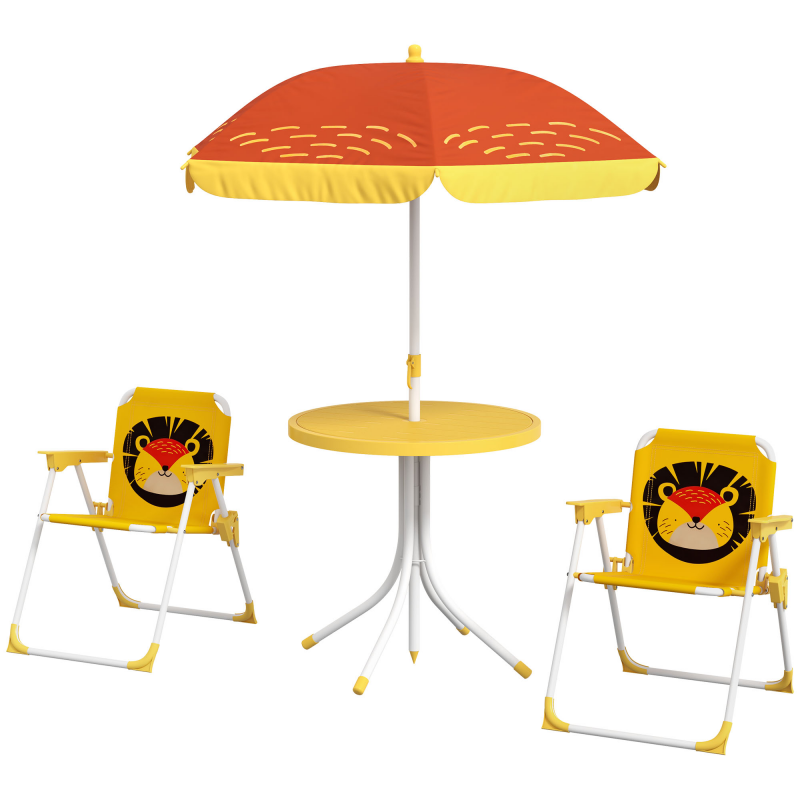 Outsunny Gartenmöbelset für Kinder, 4-teilig mit Löwenmotiv, Tisch und 2 Gartenstühlen, mit verstellbarem Sonnenschirm Ø 100 cm, klappbarer Stuhl, für Terrasse, Balkon, Strand, Gelb Aosom – Bild 1 von 2