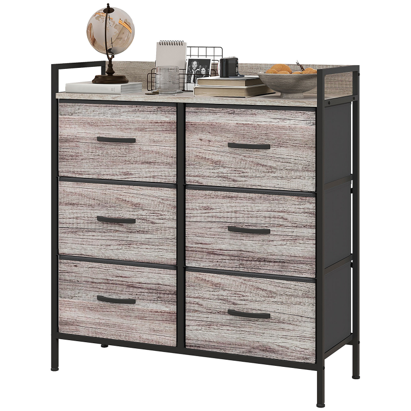 HOMCOM Kommode mit 6 Schubladen aus Stoff Aufbewahrungsschrank Kommodenschrank mit Holzoptik, Griffen, Stahlgestell, Industrie-Design Sideboard für Wohnzimmer Grau Aosom – Bild 1 von 2