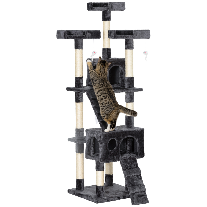 PawHut Kratzbaum XXL Katzenhöhle Leiter Kletterbaum Mehrstufig Grau 50x50x170cm Aosom – Bild 1 von 2