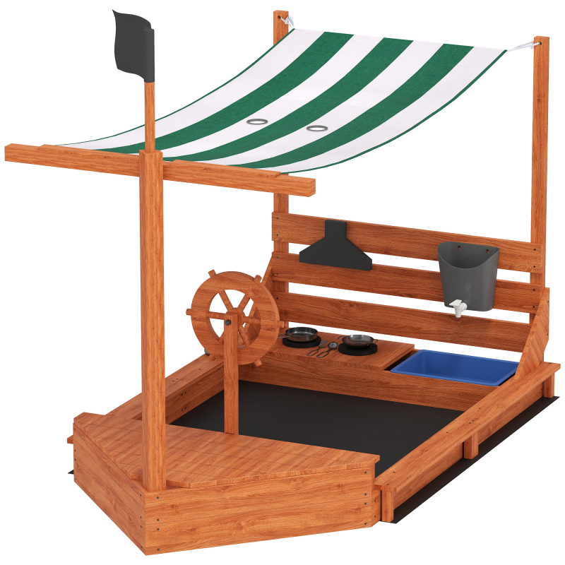 Outsunny Sandkasten Sandkiste groß mit Abdeckung im Schiff Design Matschekiste aus Holz Segelschiff Spielhaus mit Küchenspielset Aufbewahrung für Kinder 3-7 Jahre Orange 180 x 103 x 144,5 cm Aosom – Bild 1 von 2