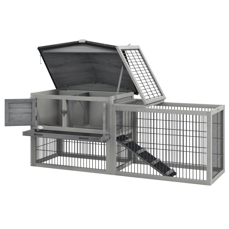 PawHut Kleintierstall Kleintierkäfig mit Freigehege Meerschweinchenstall Freilaufgehege Winterfest Outdoor Tierstall Tannenholz Grau 150 cm x 52 cm x 68 cm Aosom – Bild 1 von 2