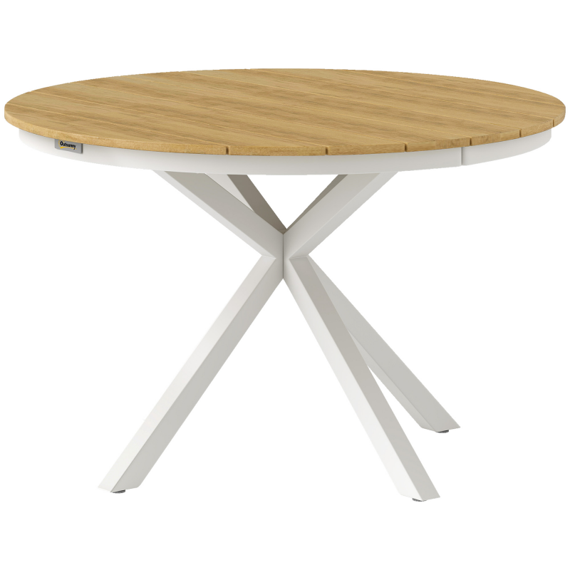Outsunny Gartentisch Ø118cm, Wetterfest Balkontisch aus Aluminium, Beistelltisch mit Kreuzbeine Lattendesign Esstisch Outdoor, Campingtisch, rund Terrassentisch für Garten Balkon Teak Aosom – Bild 1 von 2